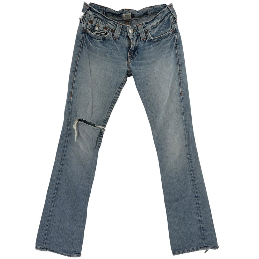True Religion Joey Low Rise Flare Jeans Women 27 Light Wash Distressed Vintage
